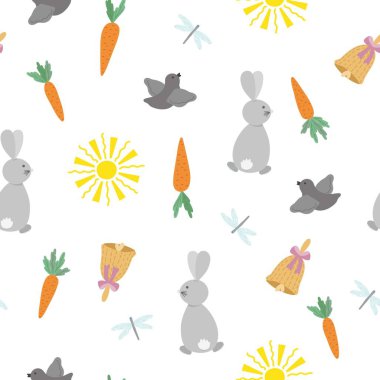 Paskalya bayramı geleneksel kutlama tavşanı, kuş, güneş, yusufçuk, havuç, çan renginde renksiz desen, düz stil vektör çizimi, bahar şenlik zamanı dekor, yaz tasarımı, hediye kağıdı, pankart