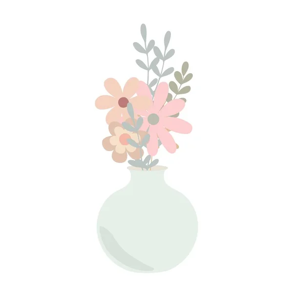 Bohemian vase with fancy light orange flowers in simple flat style abstract vector pastel colored illustration, trendy minimalist cozy home decor concept, romantic greeting card, invitation — стоковый вектор