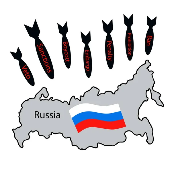 Silhuette Carte Russe Avec Drapeau Trois Couleurs Bombes Tombant Symbolisant — Image vectorielle