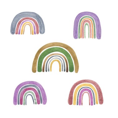 Boho gökkuşağı set suluboya İskandinav illüstrasyonu, bebek partisi konsepti el yapımı tasarım unsuru, moda desen çocuk dekorasyonu için mükemmel, çocuk posteri, kağıt işçiliği, pozitif klişe, kağıt işçiliği