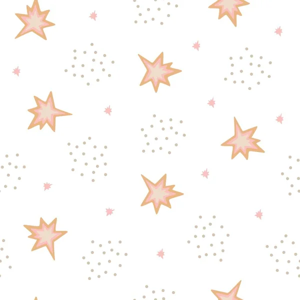 Lovely baby shower starry sky polka dot seamless pattern vector illustration, hand drawn stars in random chaotic order, sweet dreams children funny simple image for textile, gift paper — Stock Vector