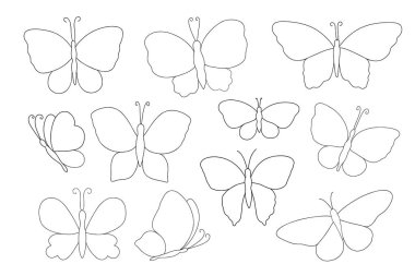 Fancy little black and white butterfly set simple outline vector illustration, symbol of Easter holidays, spring or summer, celebration decor, linear clipart for cards, banner, springtime decoration, cute insect