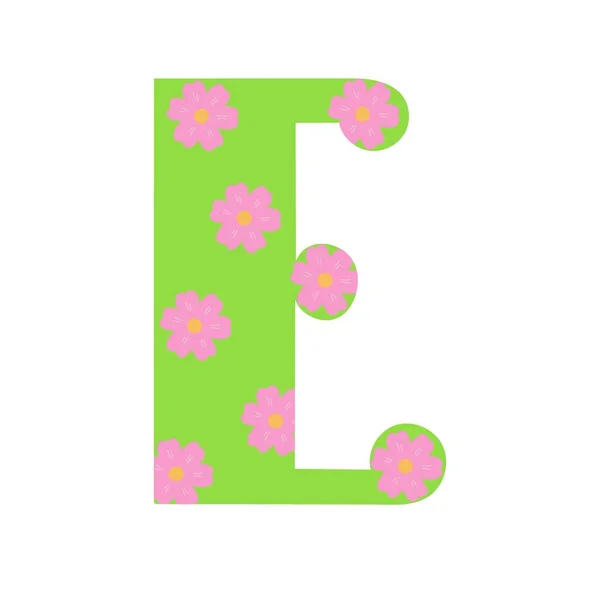 스프링 꽃으로 장식된 밝은 녹색 수도 E 자를 그린 영국 알파벳의 간단 한 만화 형식 벡터 일러스트 , calligraphic abc, 귀엽게 웃긴 필적, 낙서와 글자 — 스톡 벡터