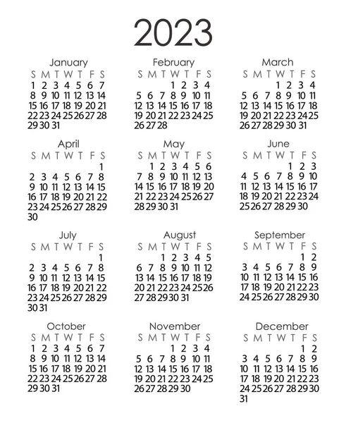 Calendar template for the year 2023 in simple minimalist style, week starts on Sunday, vector printable page — Stock Vector