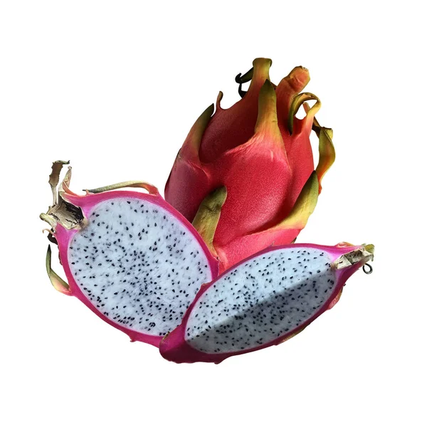 Taze ejderha meyve seti, pitaya izole edilmiş beyaz arka plan, parlak pembe renkli tropikal lezzetli vejetaryen yiyecekler vitamin dolu, yol kesme görüntüsü