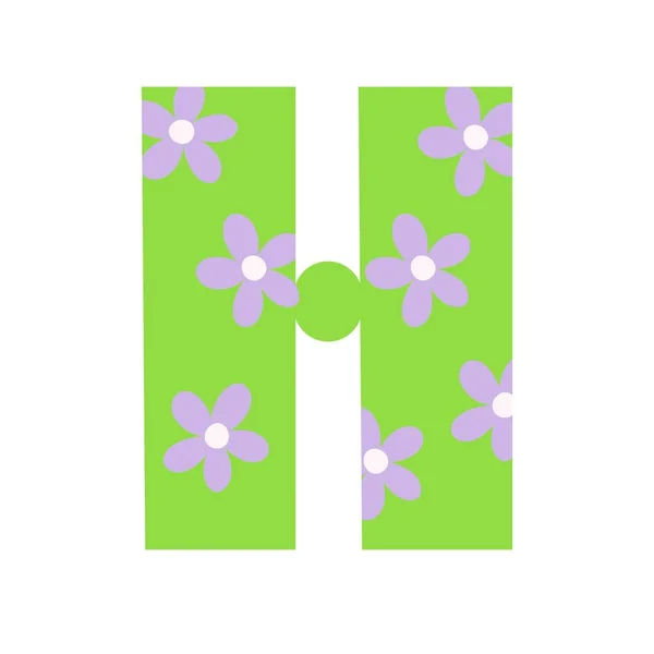 Capital fényes zöld díszített tavaszi virágok kézzel rajzolt levél H az angol ábécé egyszerű rajzfilm stílus vektor illusztráció, kalligráfiai abc, aranyos vicces kézírás, firka és betűk — Stock Vector