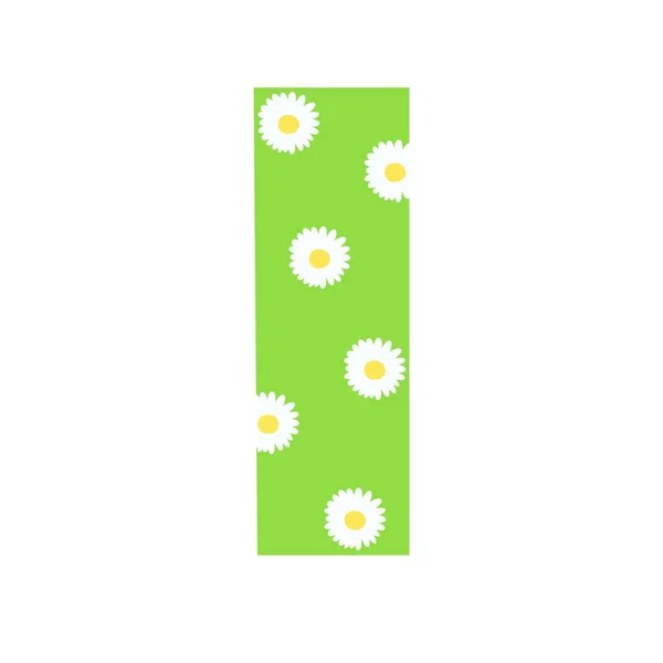 Capital fényes zöld díszített tavaszi virágok kézzel rajzolt levél I angol ábécé egyszerű rajzfilm stílus vektor illusztráció, kalligráfiai abc, aranyos vicces kézírás, firka és betűk — Stock Vector