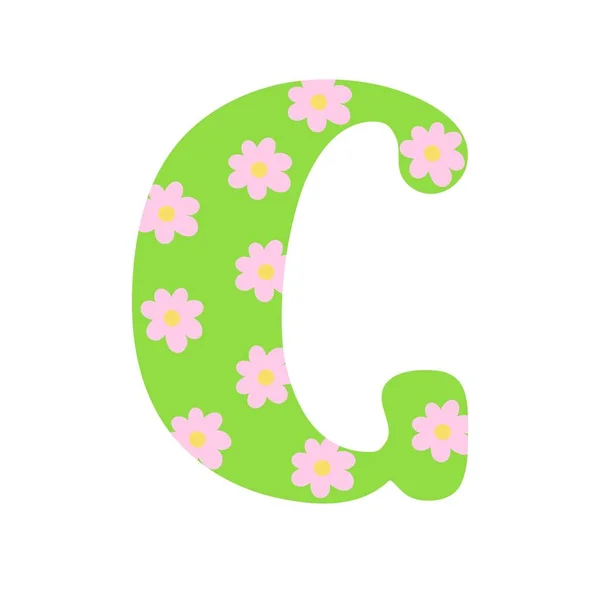 Capital bright green decorated with spring flowers hand drawn letter G of English alphabet simple cartoon style vector illustration, calligraphic abc, cute funny handwriting, doodle and lettering — Stockový vektor