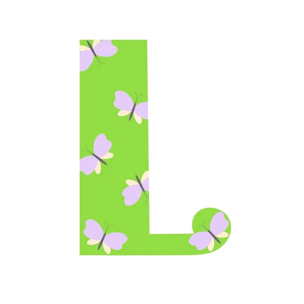Velké jasně zelené zdobené jarní motýli ručně kreslené písmeno L anglické abecedy jednoduchý kreslený styl vektorové ilustrace, kaligrafie abc, roztomilý legrační rukopis, čmáranice a nápisy — Stockový vektor
