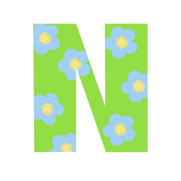 Capital fényes zöld díszített tavaszi virágok kézzel rajzolt levél N angol ábécé egyszerű rajzfilm stílus vektor illusztráció, kalligráfiai abc, aranyos vicces kézírás, firka és betűk — Stock Vector
