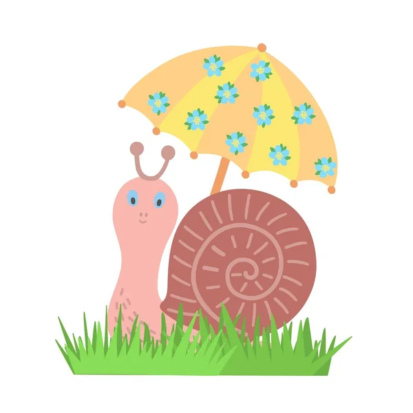 노란색 꽃 모양의 우산으로 장식된 귀여운 달팽이 간단 한 평면 만화 벡터 일러스트, 아이들의 재미있는 동물 캐릭터, 보육원, 포스터, 인사 카드 — 스톡 벡터