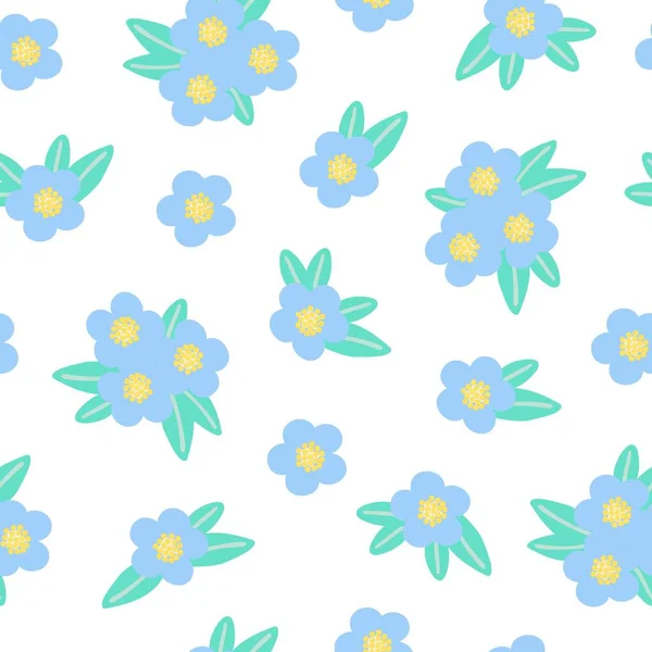 シンプルなパステルカラーの青い花のシームレスなパターンフラットスタイルベクトルイラスト、春のシンボル、居心地の良い家、春のイースターの休日のお祝いの装飾、織物、生地のための装飾 — ストックベクタ