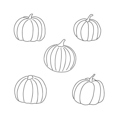 Balkabağı set el çizimi vektör çizimi parlak sıcak renkler, mevsimsel sonbahar bayramı kutlama tasarımı için sebze, sağlıklı vejetaryen diyeti, Şükran Günü, Cadılar Bayramı klibi sanatı