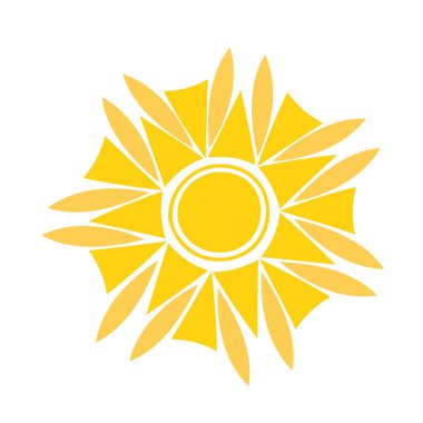 Yuvarlak şekilli basit sarı güneş vektörü düz çizimi orta, kart, dekor, tatil konsepti ve çocuklar için yaz tatili tasarımı için sevimli yaz resmi