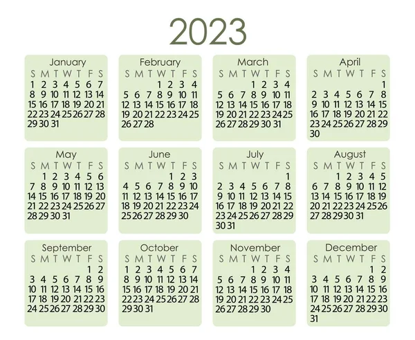 カレンダーテンプレート2023年のシンプルなミニマリストスタイル 背景に抽象的なカラフルなライトグリーンの正方形の形で 週は日曜日に始まり ベクトル印刷可能なページ — ストックベクタ