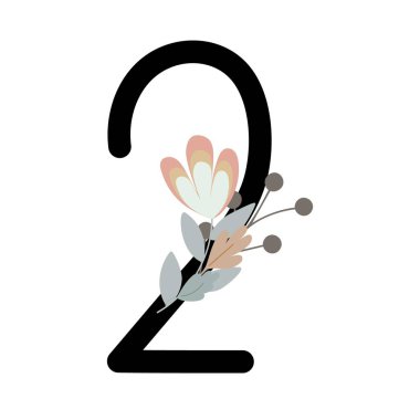 Çiçeklerle süslenmiş iki numara, basit boho stili çiçek monogramı vektör illüstrasyonu düz pastel renkli dekoratif harf koleksiyonu.