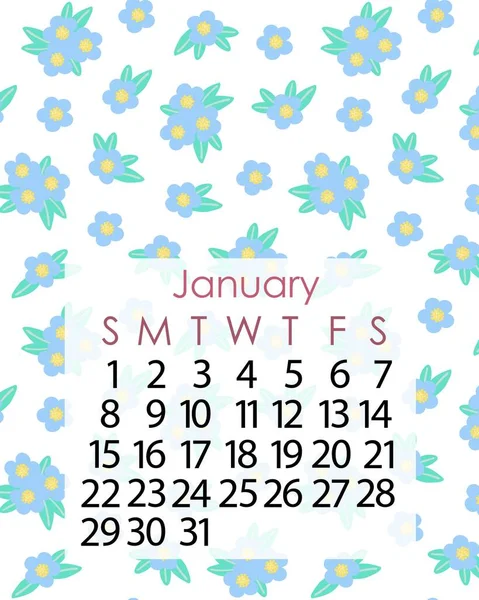 カレンダーページテンプレート2023年1月のシンプルなミニマリストスタイルで 柔らかいブラーの花のパターンの背景に 週は日曜日に始まり ベクトル印刷可能なページ — ストックベクタ