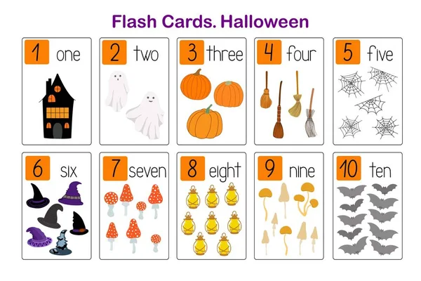 Halloween Lindo Espeluznante Número Símbolos Vacaciones Aprender Tarjetas Flash Imprimibles — Archivo Imágenes Vectoriales