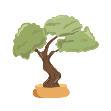 Çiçek saksısında dekoratif bonsai ağacı, yerel bitki vektör çizimi, basit düz stil Japon geleneksel kültür elementi.