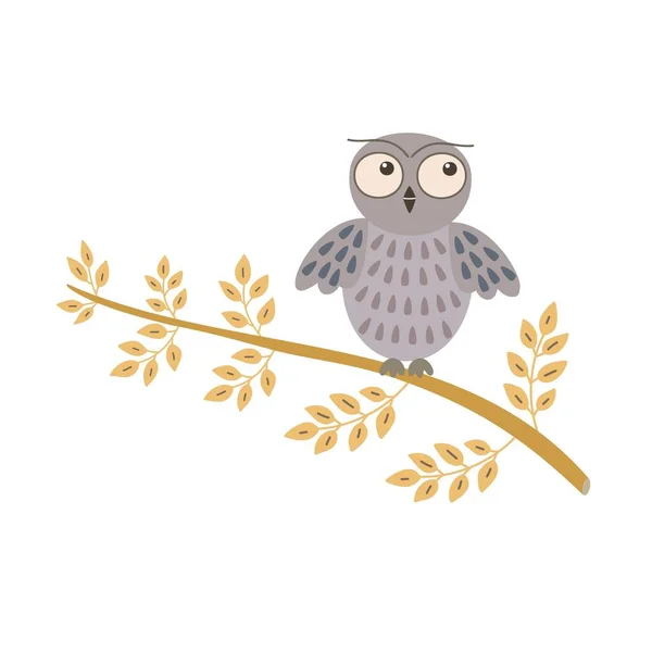 Cute Doodle Owl Sitting Tree Branch Simple Flat Style Hand — Stockvector