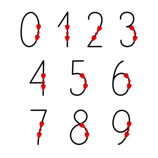 Números Como Parte Del Alfabeto Decorado Con Corazones Negro Rojo — Vector de stock