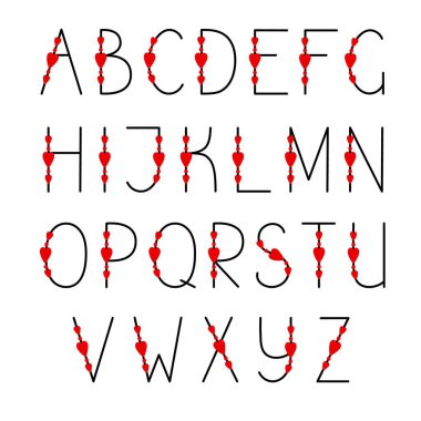 Büyük harflerle süslenmiş İngiliz alfabesi harfleri büyük harflerle ana hatlı vektör çizimi, kaligrafik abc, sevimli komik dekoratif el yazısı, el yazısı yazı tipi harfleri, semboller