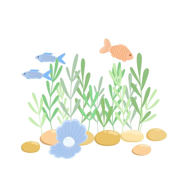 海底海藻 可爱的海贝壳 附有珍珠和游泳鱼群图解 海洋生物简单卡通风格的构图 海洋植物手绘图像 — 图库矢量图片