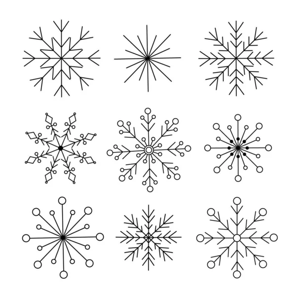 Snöflingor Julen Uppsättning Enkla Klotter Linjär Hand Dras Vektor Illustration — Stock vektor