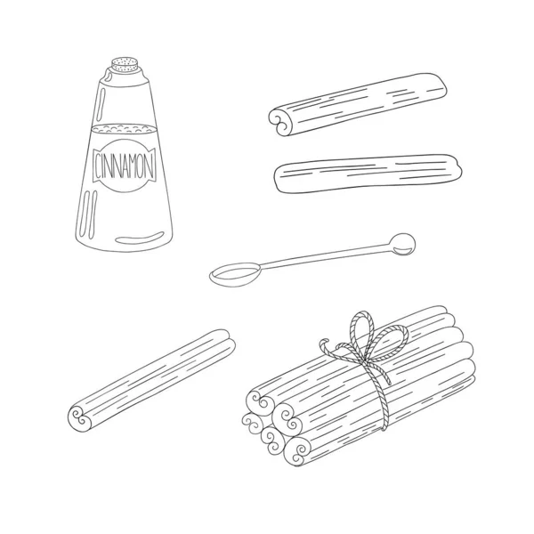 Fahéj Stick Fűszerek Befőttesüveg Készlet Egyszerű Vázlat Firka Vektor Illusztráció — Stock Vector