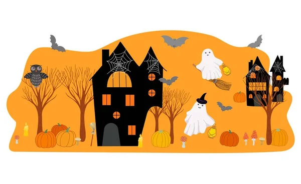 Halloween Escena Decorada Con Telaraña Murciélago Casa Embrujada Vela Fantasma — Archivo Imágenes Vectoriales