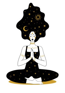 Astroloji, yoga ve tarot için mistik bir ikon. Saçında ay ve güneş olan mistik bir kadın. Beyaz arkaplanda soyut el grafikleri izole edildi.
