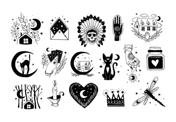 Een stel mystieke Boheemse iconen. tatoeage voor een heks, magische symbolen. Lineaire moderne illustraties geïsoleerd op witte achtergrond, vector. — Stockvector