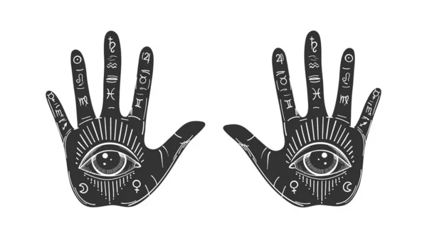 Retro-Zeichnung von Palmen mit einem allsehenden Auge und Planetensymbolen, einem Symbol für die Palmistrie, zwei Händen. mystisches Element für Wahrsagerei, Astrologie, Esoterik. Vektorflache Illustration — Stockvektor