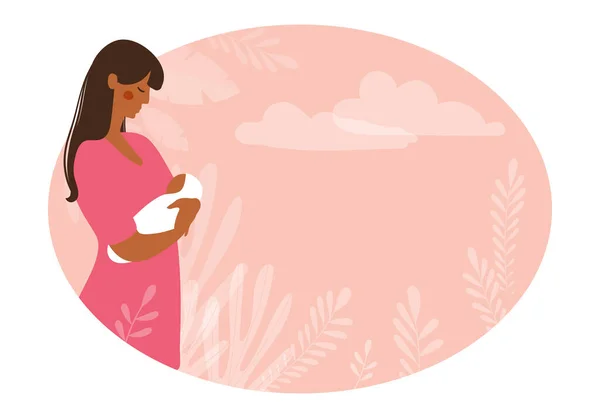 Seorang wanita hitam yang cantik menggendong bayi yang baru lahir dalam pelukannya. Konsep persalinan dan kehamilan, spanduk untuk klinik antenatal dengan tempat untuk teks. Ilustrasi vektor datar. - Stok Vektor