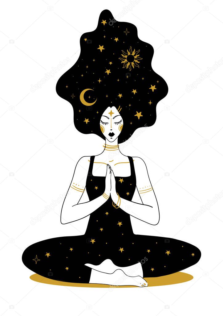 Mystical icon for astrology, yoga, tarot. Meditating mystical woman with the moon and sun in her hair. Abstract hand graphics isolated on white background.