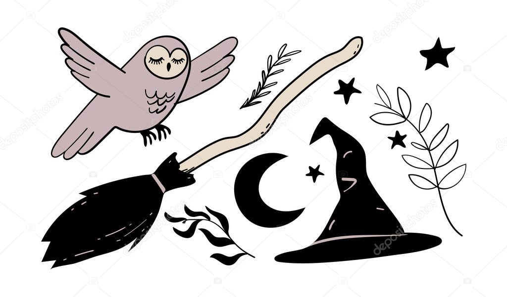 A set of elements for the witch. Magic broom, owl, witch hat. Flat vector stickers for Halloween isolated on white background. Cartoon design.