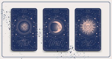 Tarot kartlı bayrak güneş, yıldız, ay. Astroloji için mistik çerçeve, falcılık, ezoterikizm. Vektör çizimi, el çizimi.