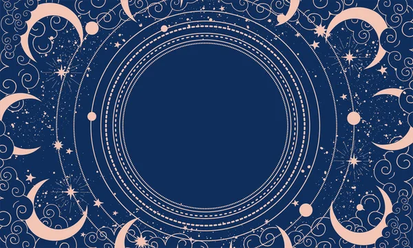 Fond mystique bleu avec étoiles, nuages et orbites avec place pour le texte. Fond boho céleste avec espace de copie. Bannière vectorielle pour l'astrologie, le tarot, la bonne aventure. — Image vectorielle