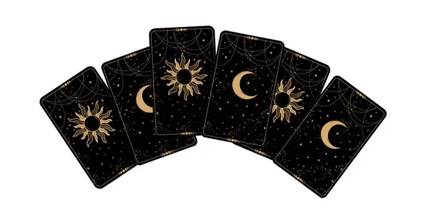 Ταρώ κάρτες εικονίδιο πάνω όψη. Οι μαύρες κάρτες κοιτάνε προς τα κάτω με το φεγγάρι και τον ήλιο. Ζωγραφίζω για την τύχη, αστρολογία, μάγισσες. Εικονογράφηση διανύσματος απομονωμένη σε λευκό φόντο. — Διανυσματικό Αρχείο