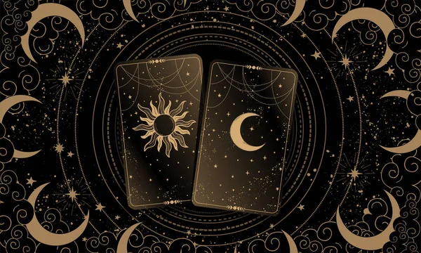 Două cărți de tarot de aur pe un fundal mistic negru cu luna și stelele. Banner modern pentru astrologie, ghicitoare, vrăjitoare. Vector tapet plat. — Vector de stoc