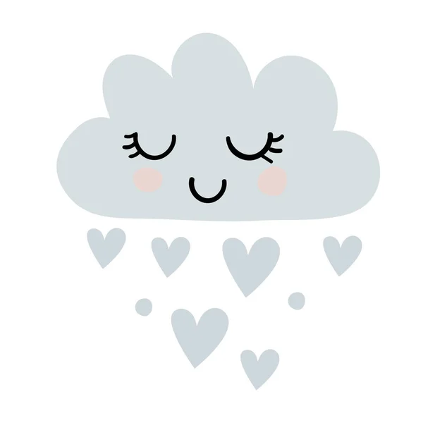 Carino nuvola blu con gocce a forma di cuore. Dolce illustrazione per un neonato. Nuvola sorridente per una festa per bambini. Illustrazione vettoriale piatto. — Vettoriale Stock