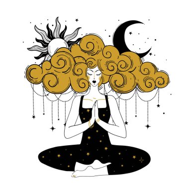 Ay ve güneşli meditasyon yapan kız. Yoga yapan kadın, manevi denge ve rahatlama konsepti, beyaz arka planda izole edilmiş vektör el çizimi.