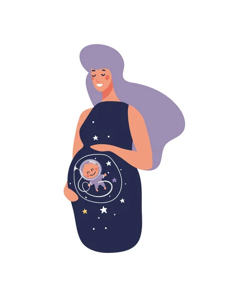 Leuke ruimte zwangere vrouw. Baby astronaut in de baarmoeder met sterren. Grappige cartoon vector illustratie geïsoleerd op witte achtergrond. Moederschap en zwangerschap concept. — Stockvector
