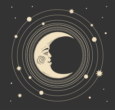 Aylı sihirli boho kartı. Hilal ay ve yıldızlı astroloji için göksel illüstrasyon. Bohem el çizimi, mistik tasarım için klasik sanat. Vektör illüstrasyonu.