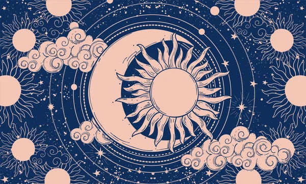 Mythisches Universum, Sonne und Mond im Boho-Design, blauer Hintergrund für Astrologie, Tarot. Himmlische Kunst für den Tierkreis, Horoskop, Vorhersage der Zukunft. Esoterische Vektorillustration. — Stockvektor