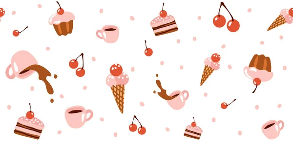Nahtloses Muster mit Süßigkeiten, Eis, Kaffeebecher, Kuchen auf weißem Hintergrund. Festliches Muster zum Geburtstag, zum Bäcker, zum Kinderfest. Niedliche Cartoon-Vektor-Illustration. — Stockvektor