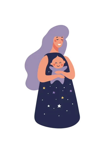 Bonito espaço mãe abraça um bebê recém-nascido, personagem de desenho animado plana sobre gravidez, parto e maternidade. Ilustração vetorial boho isolada sobre fundo branco. — Vetor de Stock