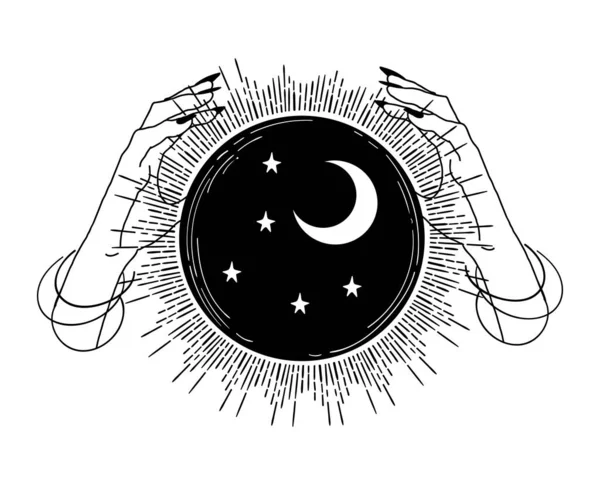 Dvě ženské ruce drží magickou kouli, vektorovou ruční ilustraci izolovanou na bílém pozadí. Boho ilustrace pro tarot, astrologie, předpovídání budoucnosti. Koncept magie a okultismu. — Stockový vektor