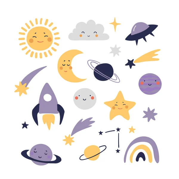 成套空间元素为孩子气设计,月球,太阳,行星,火箭,飞碟.Kawaii天文贴纸在白色背景上孤立的向量平面卡通图标. — 图库矢量图片
