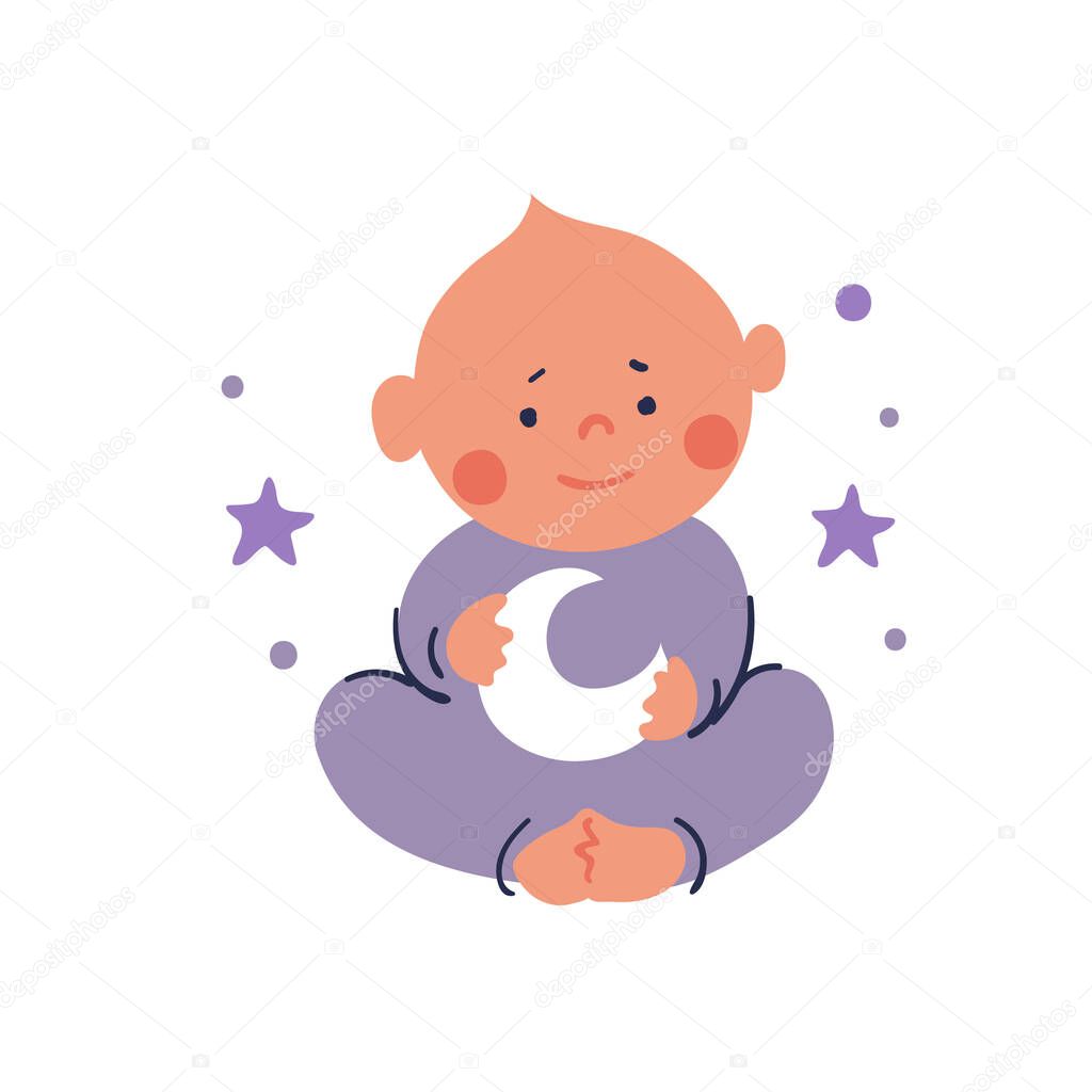 Cute kid holds the moon in his hands. Flat cartoon character for baby nursery design, such dreams. Vector flat cartoon illustration isolated on white background.